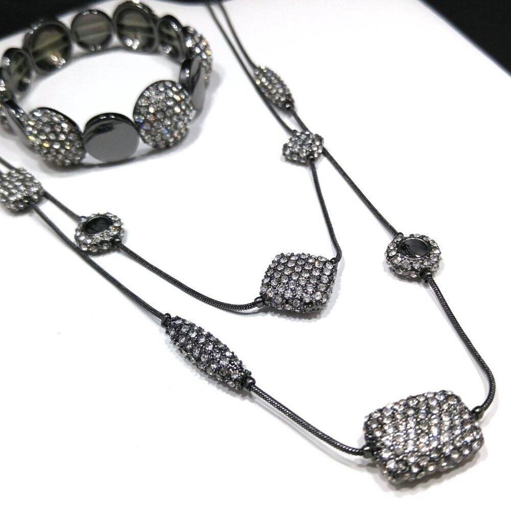 Chico's Clear Rhinestone Necklace Stretch Bracelet Set, 19 Inches, 7 Inches